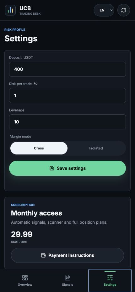 UCB Trading risk settings screen